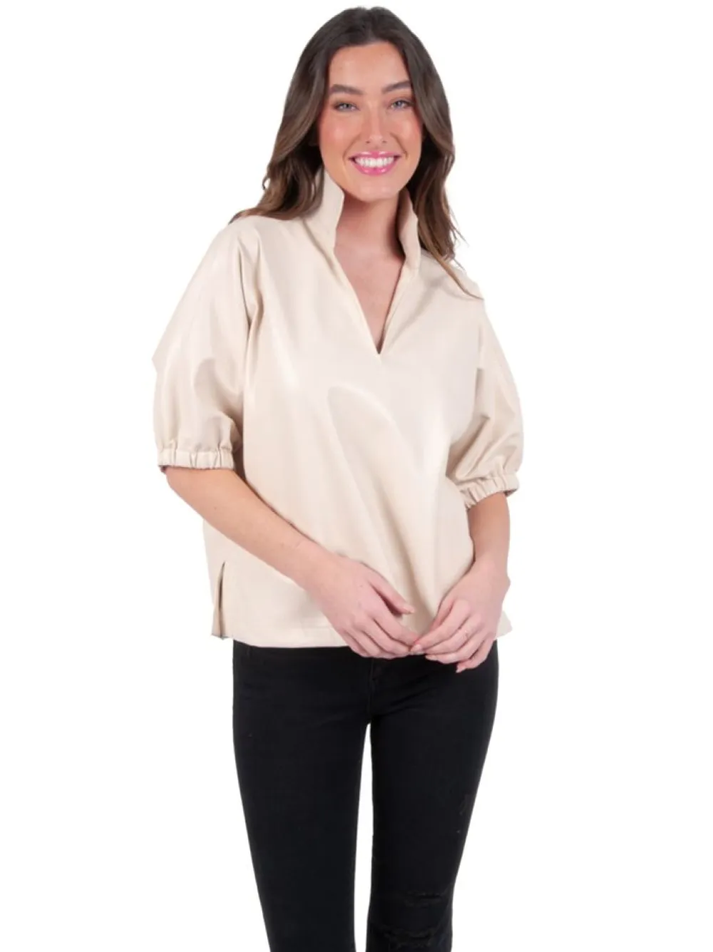 Outlet Poppy Top Sandshell Vegan Leather Blouses
