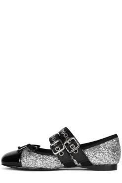 Online Balletic Silver Glitter Black Flat