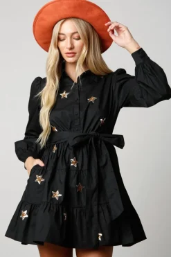 Online Star Sequin Patch Shirt Dress Mini