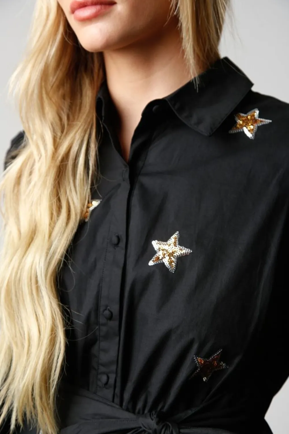 Online Star Sequin Patch Shirt Dress Mini