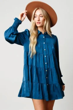 Fashion Teal Rhinestone Button Down Shirt Dress Mini