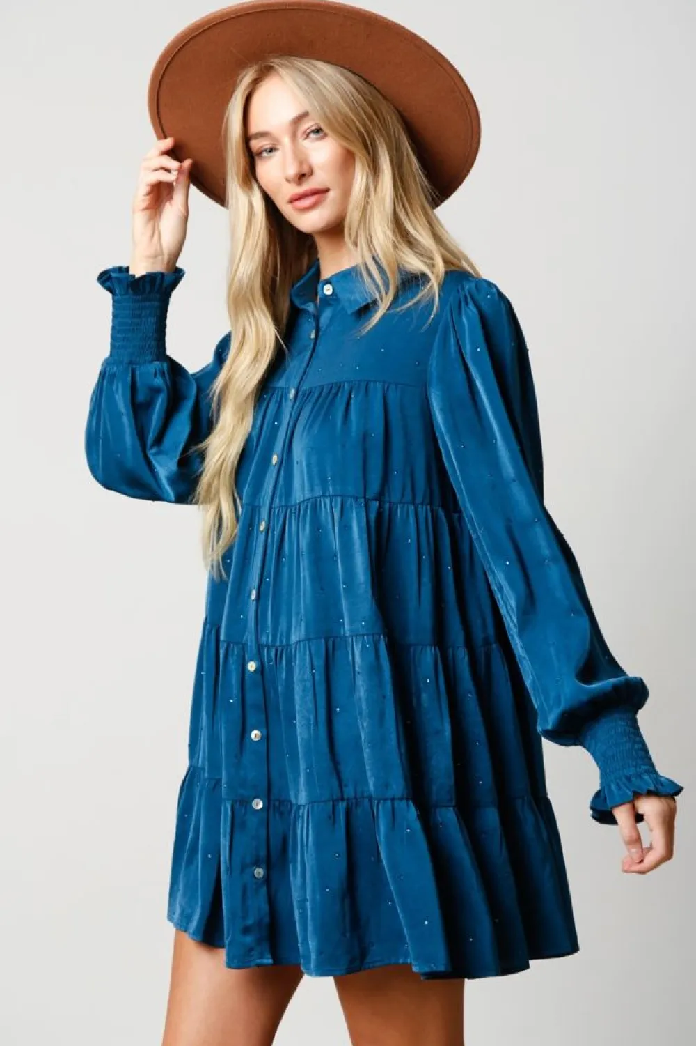 Fashion Teal Rhinestone Button Down Shirt Dress Mini
