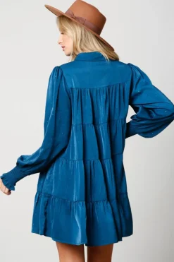 Fashion Teal Rhinestone Button Down Shirt Dress Mini