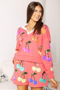 Fashion Bright Pink Rainbow Cherry Polo Sweatshirt Sweatshirts