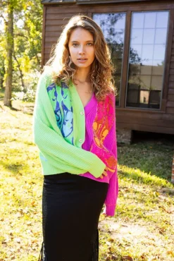Online Green And Purple Colorblock Boot Cardigan Sweaters
