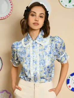 Hot Sky Floral Ruffle Blouse - Cornflower Blue Blouses