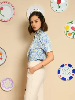 Hot Sky Floral Ruffle Blouse - Cornflower Blue Blouses