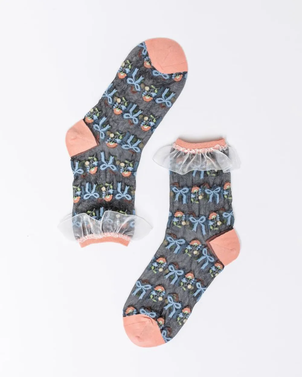 Sale Floral Bow Ruffle Black Sheer Ankle Sock Socks And Tights