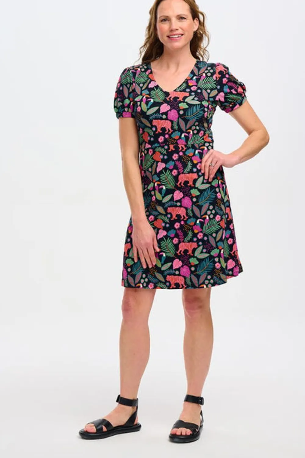 Outlet Annette V-Neck Jersey Dress - Black, Tigers & Toucans Mini