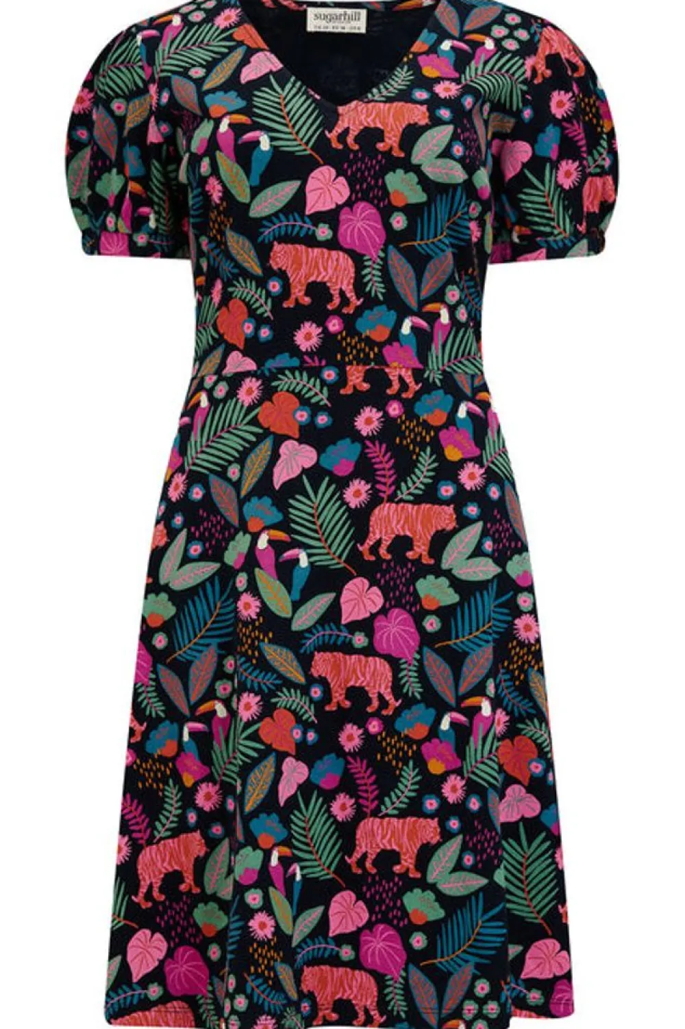Outlet Annette V-Neck Jersey Dress - Black, Tigers & Toucans Mini
