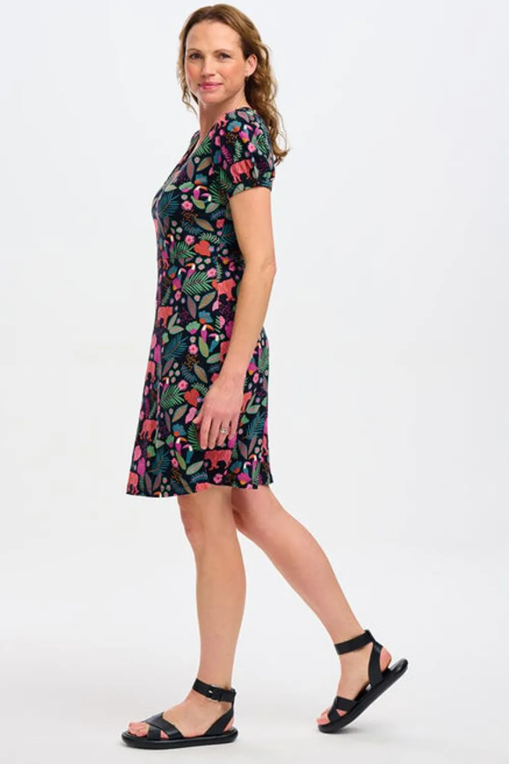 Outlet Annette V-Neck Jersey Dress - Black, Tigers & Toucans Mini