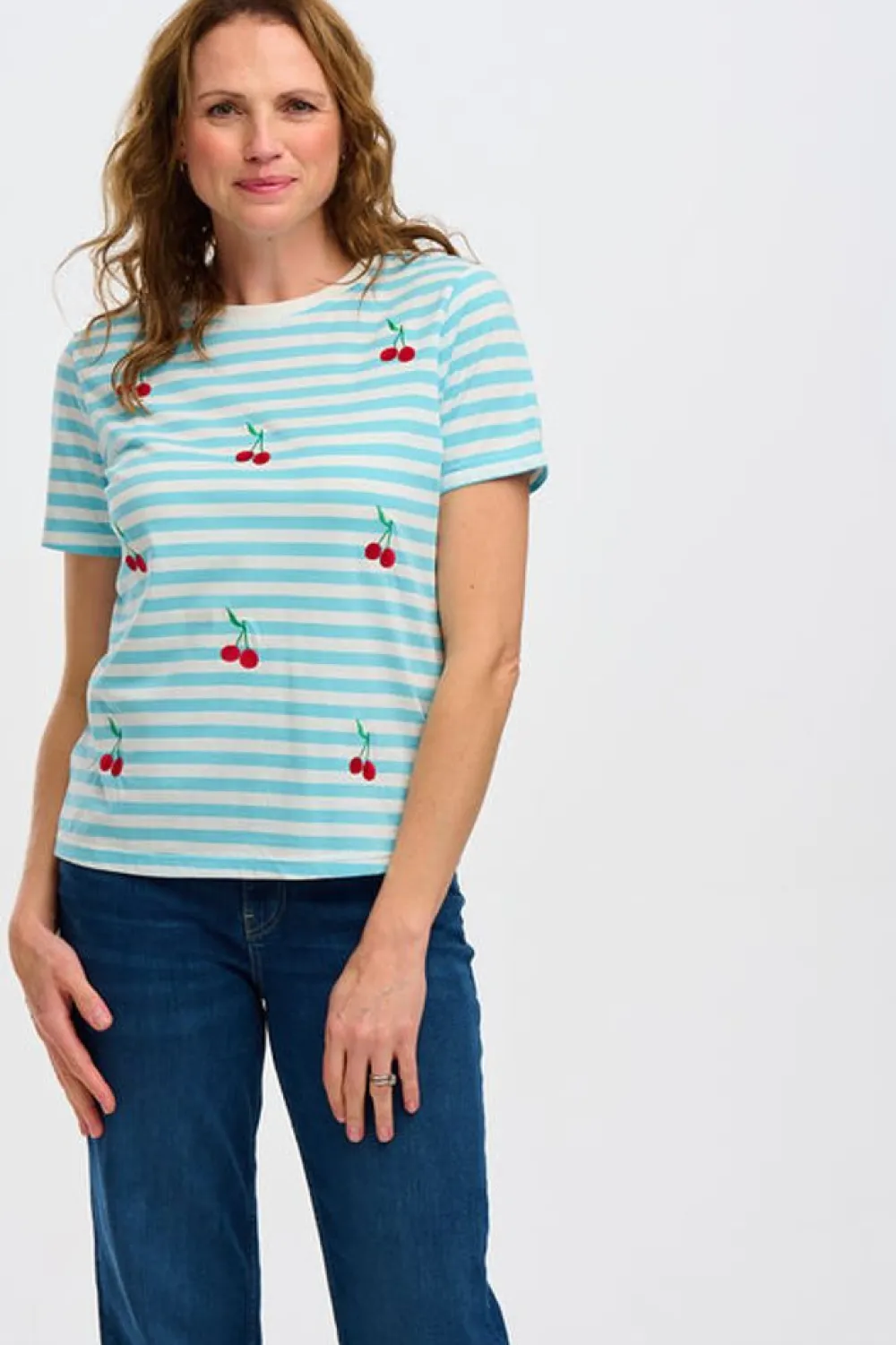 Discount Maggie T-Shirt - Blue/White, Cherry Embroidery T-Shirts