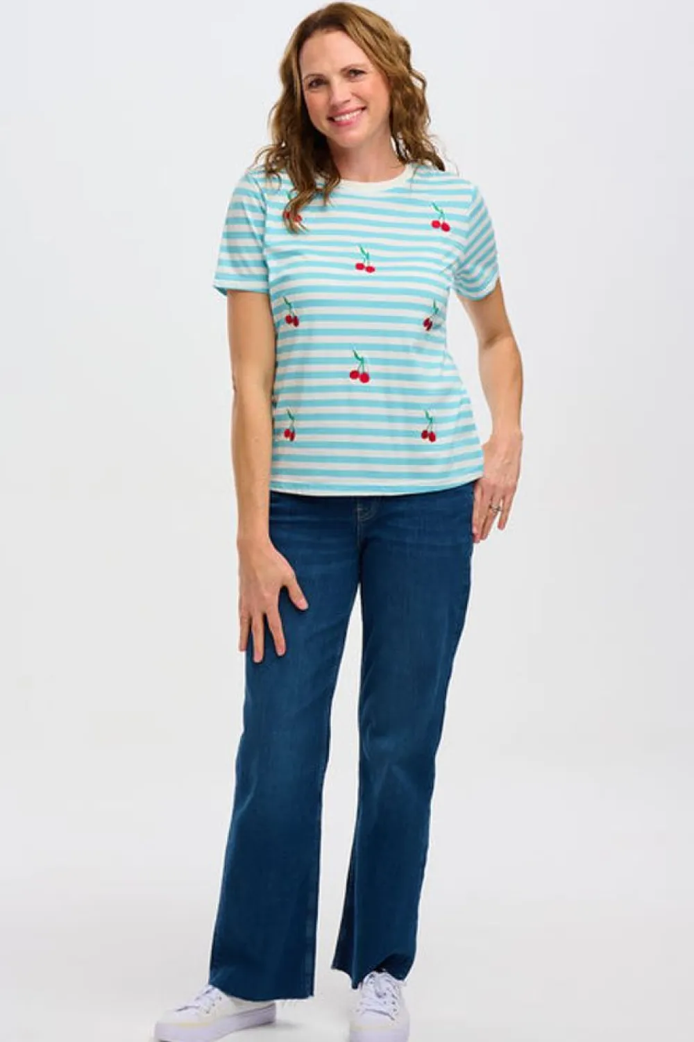 Discount Maggie T-Shirt - Blue/White, Cherry Embroidery T-Shirts