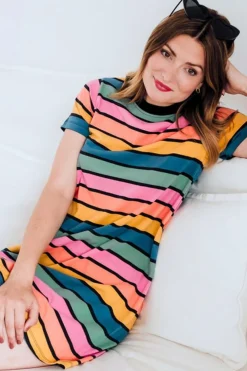Discount Sia T-Shirt Dress - Multi, Beach Hut Stripes Mini